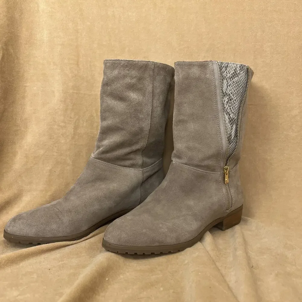 Michael Kors Tan Suede Booties With Peek A Boo Snake Skin Gold Zipper Sz 10 - Picture 1 of 9